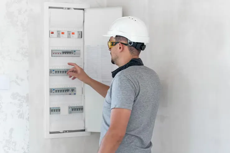 Electrician inspecting a residential switchboard panel